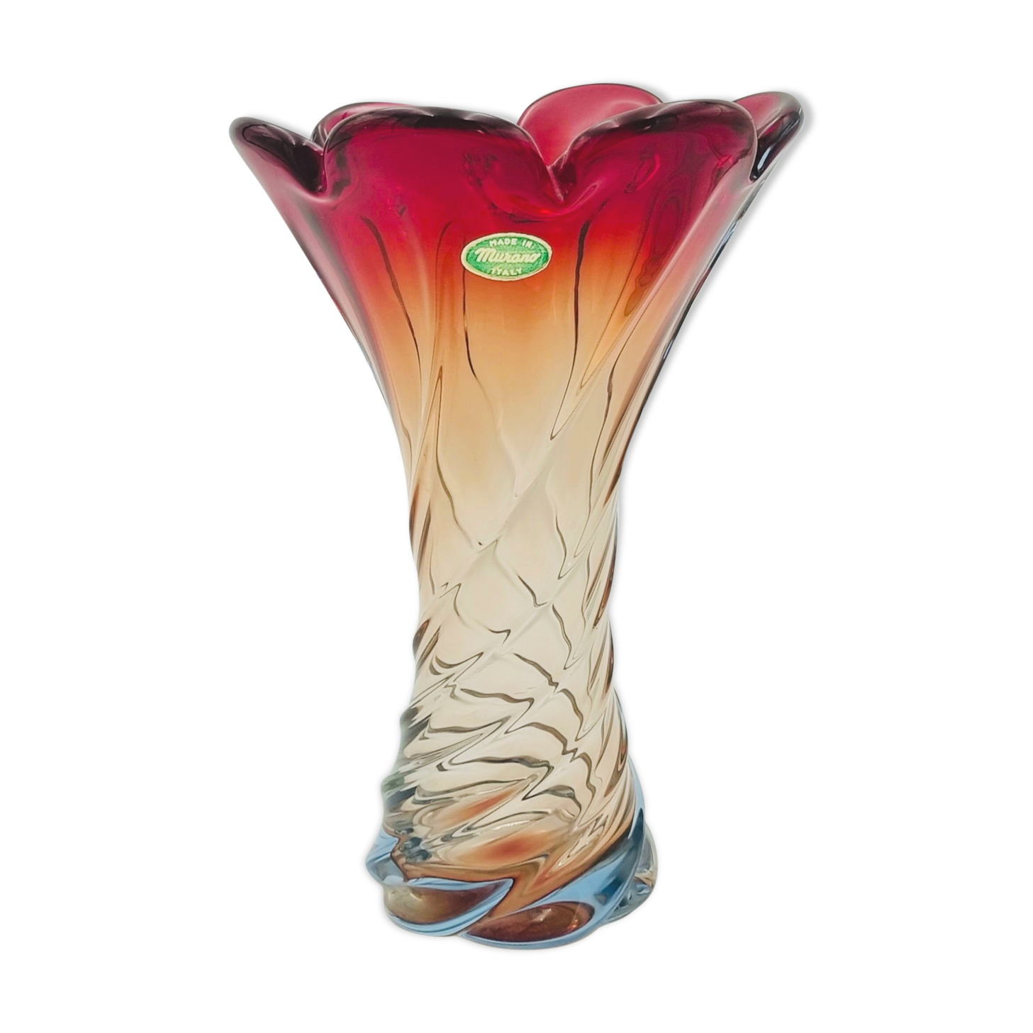 Labelled vintage italian twisted murano glass vase, 1960s