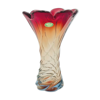 Vase en verre de Murano torsadé italien vintage étiqueté, années 1960