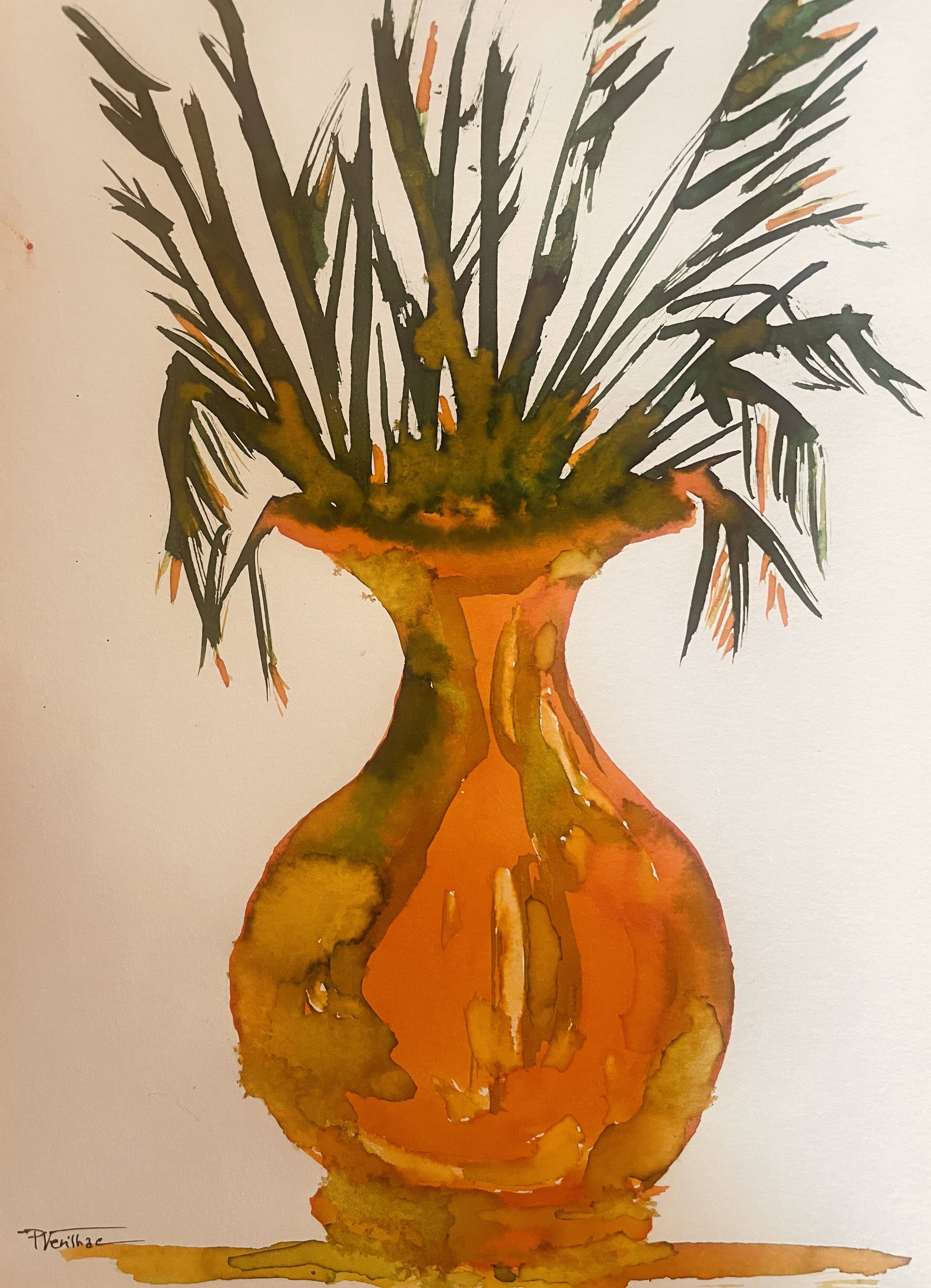 Tableau signé, nature morte « jarre provençale ornée de plantes »