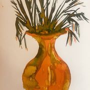 Tableau signé, nature morte « jarre provençale ornée de plantes »