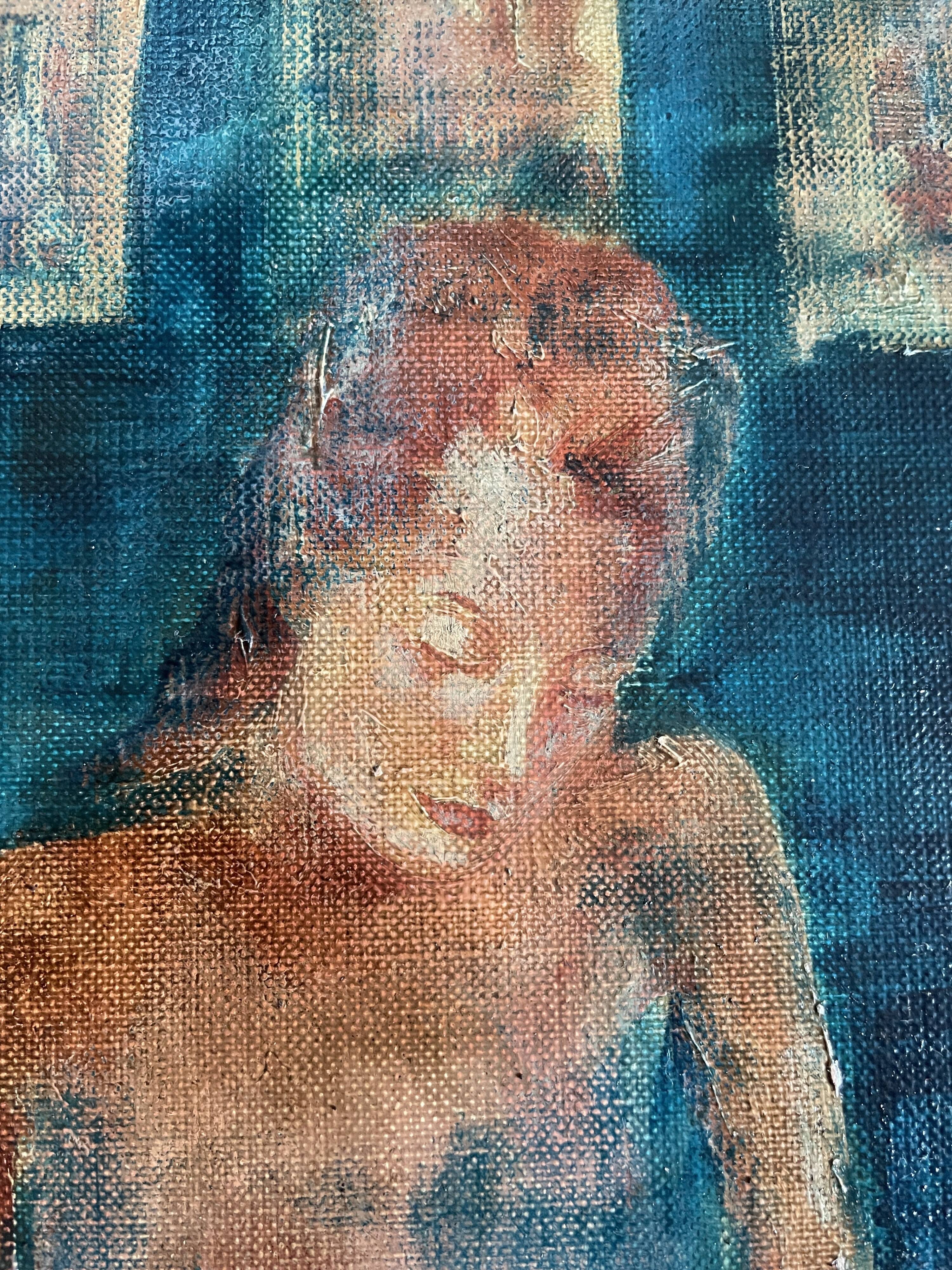 Tableau huile sur toile signé portrait femme « La Dessinatrice »