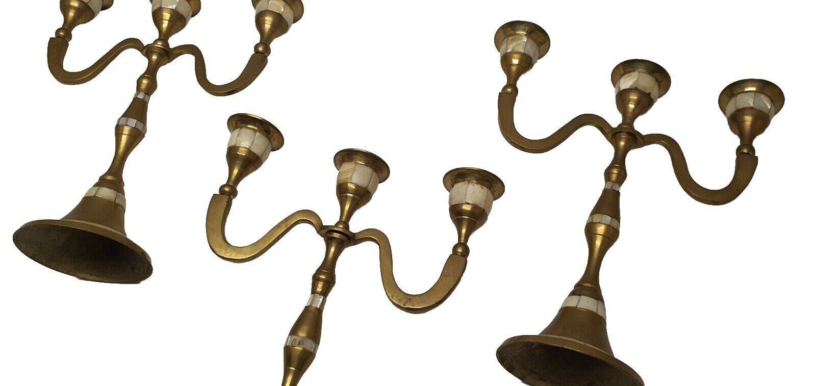 Set of 3-light brass candlesticks with mother-of-pearl intrusion