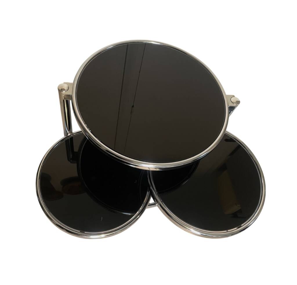 Coffee table with 3 chrome and smoked glass tops.