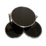 Coffee table with 3 chrome and smoked glass tops.