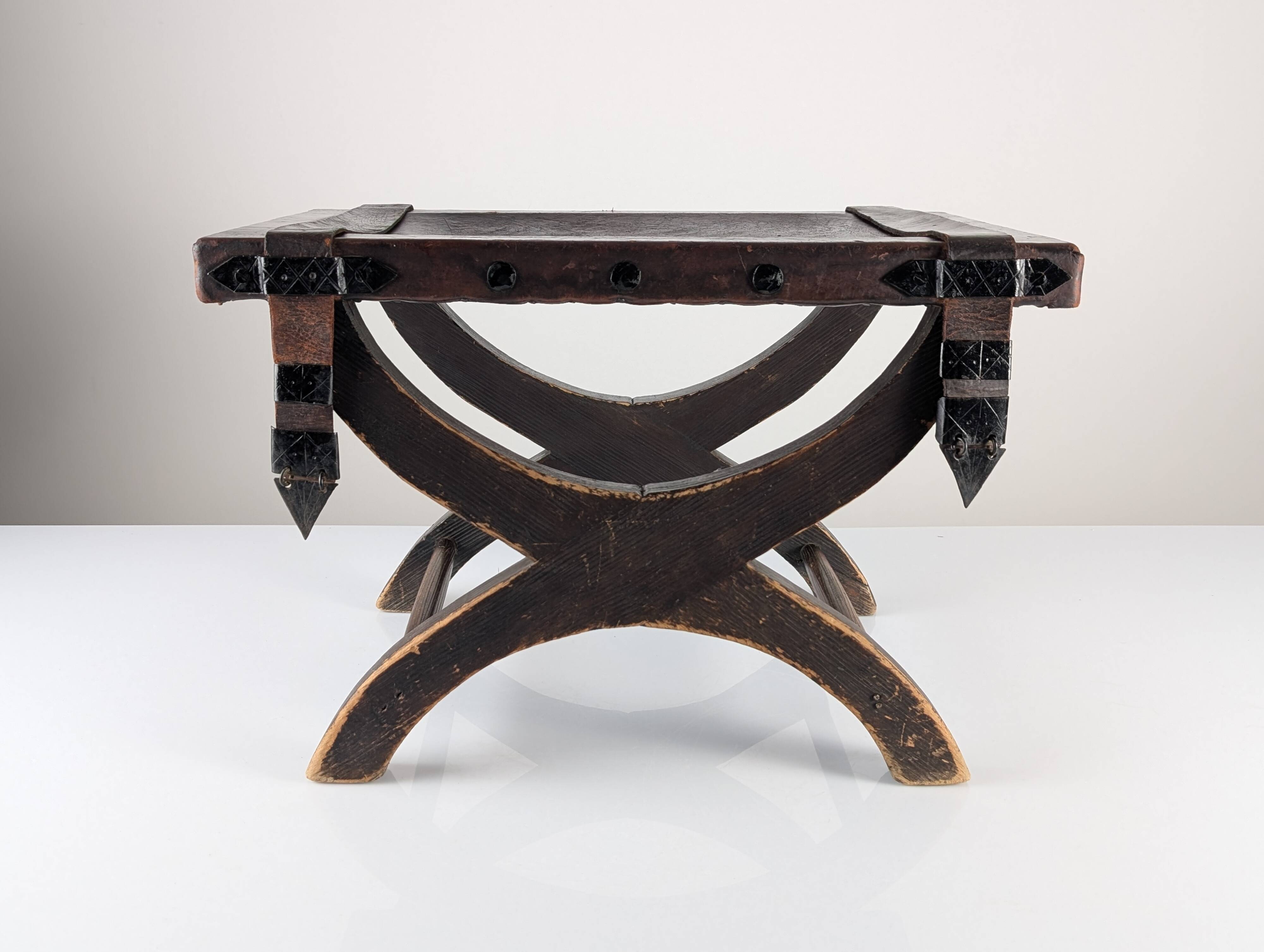 Colonial Curule Stool in Leather and Wrought Iron, Mexico, 1940s