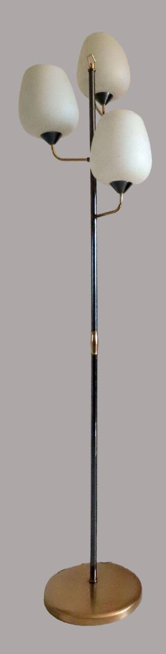 Vintage metal floor lamp with 3 lights and matt white opals