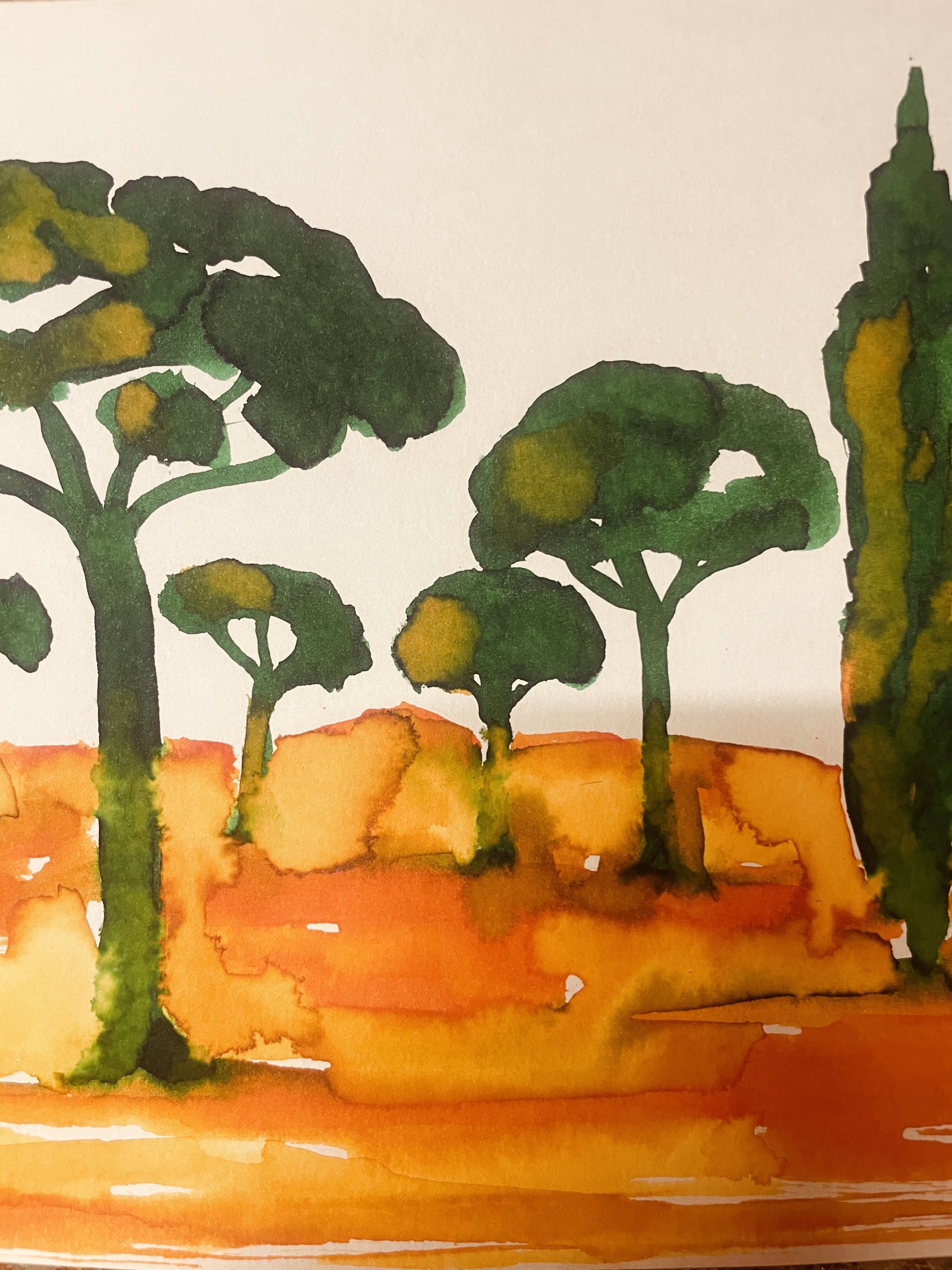 Tableau signé paysage « Lever de soleil provençal dans la pinède »