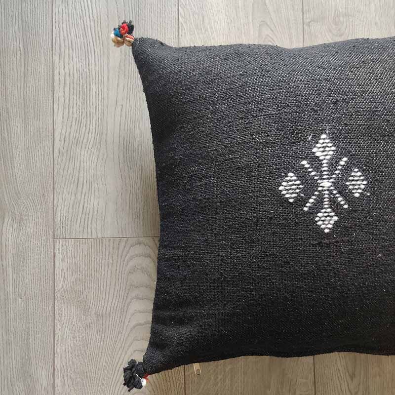 Black Moroccan cushion with cotton pompom
