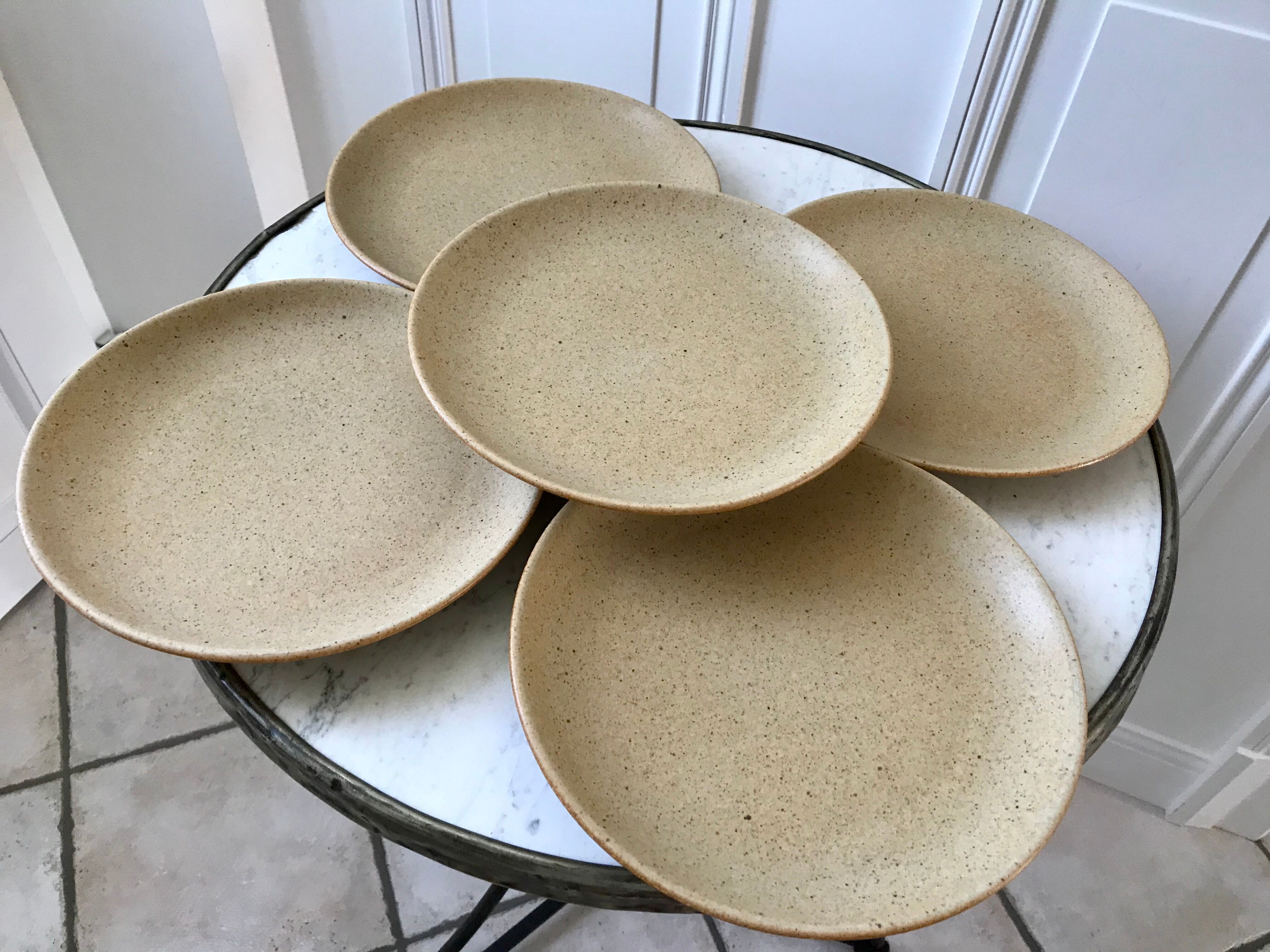 lot of 5 flat stoneware plates Made in France 70s