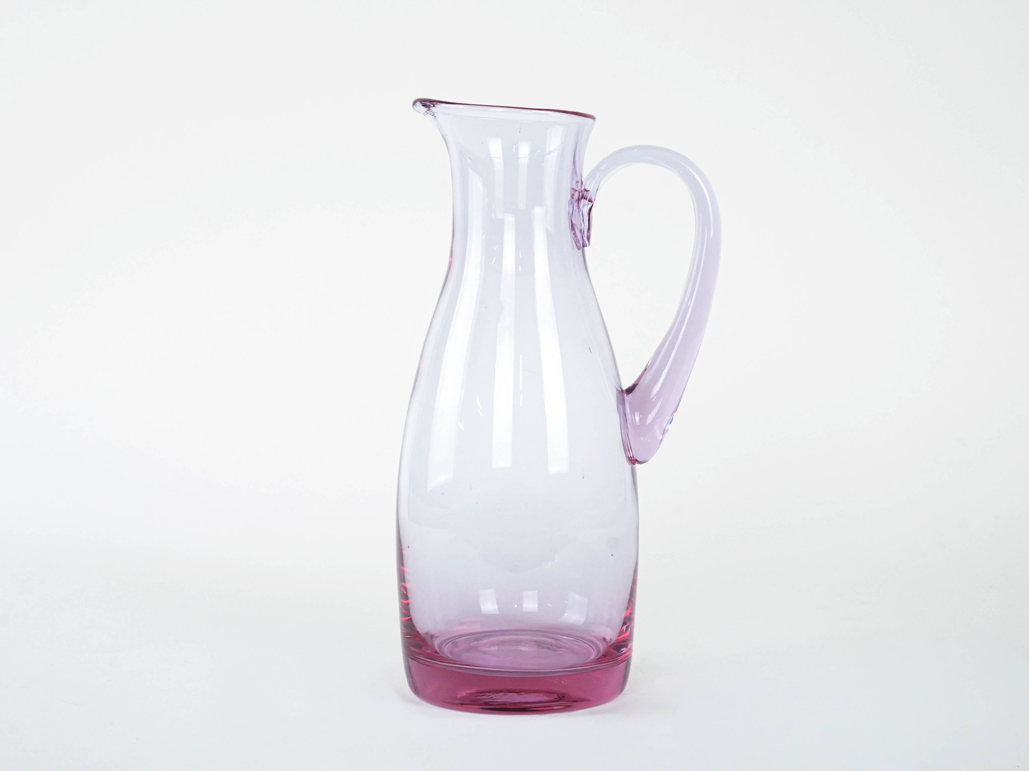 Pink glass jug, Italian design, 1970s, made in Italy