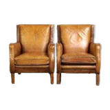 Ensemble de fauteuils en cuir couleur cognac clair de style anglais.
