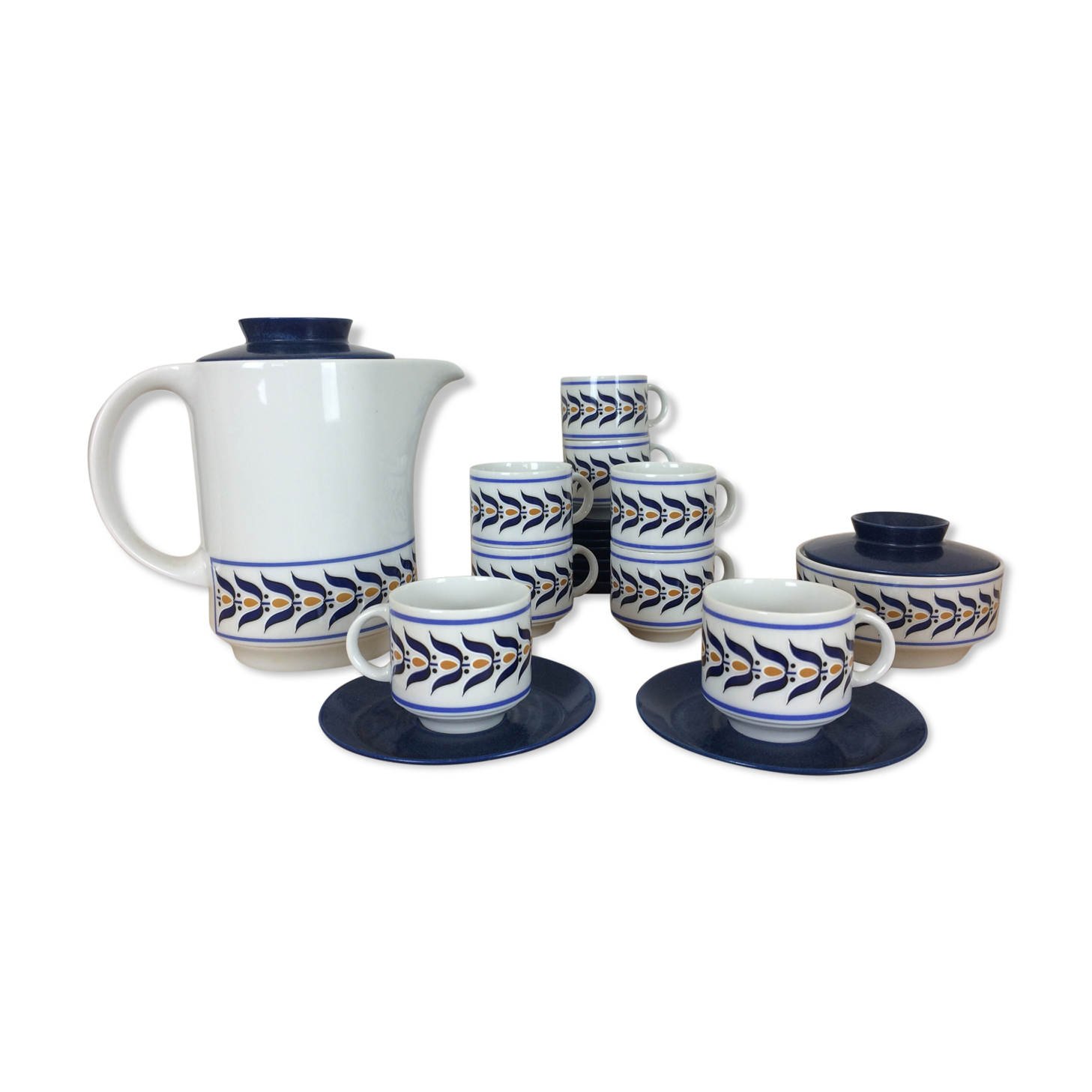 Service à thé/café 8 tasses bleu, théière, sucrier, porcelaine de Winterling