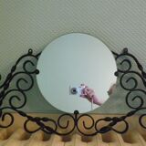 Vintage wall coat rack with mirror, 4 hooks, wrought iron
