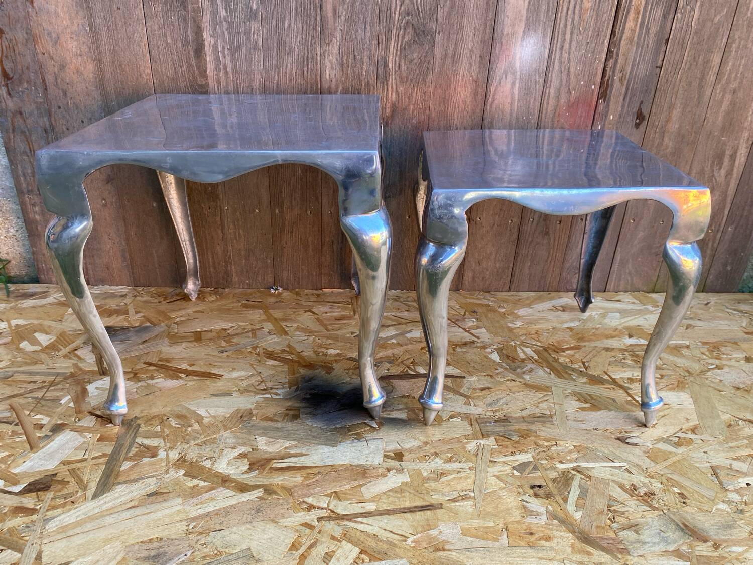 Pair of Louis XV Style Nesting Coffee Tables in Vintage Polished Aluminum