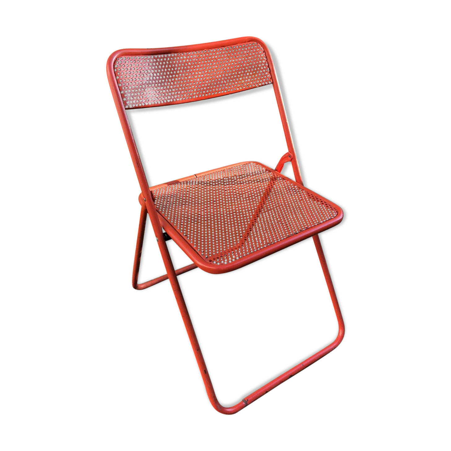VINTAGE 70S FOLDING CHAIR, RED METAL, PERFORATED TOLE, POP