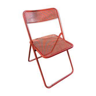 VINTAGE 70S FOLDING CHAIR, RED METAL, PERFORATED TOLE, POP