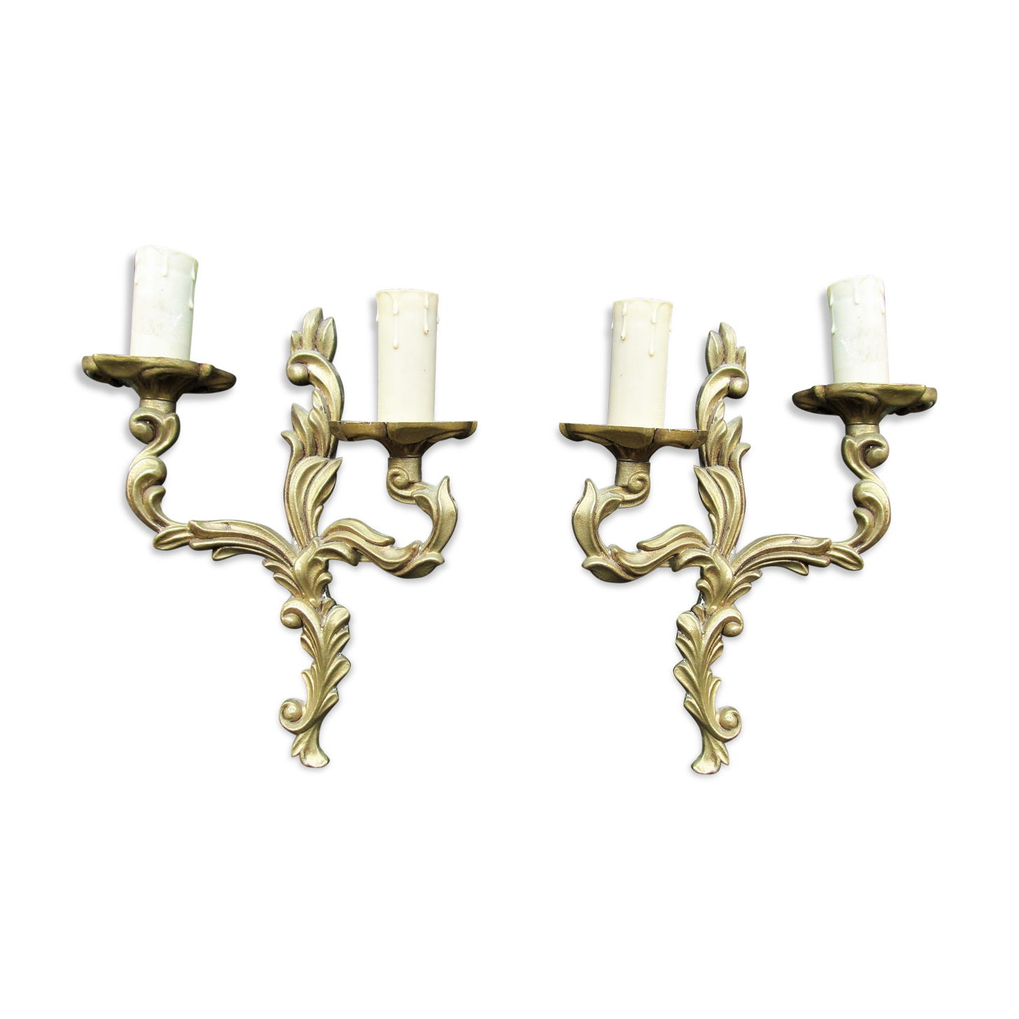 Petite pair of vintage French bronze brass mix 2 arm wall lights sconces revamp rewire