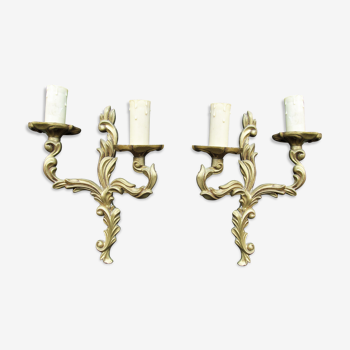 Petite pair of vintage French bronze brass mix 2 arm wall lights sconces revamp rewire