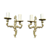 Petite pair of vintage French bronze brass mix 2 arm wall lights sconces revamp rewire