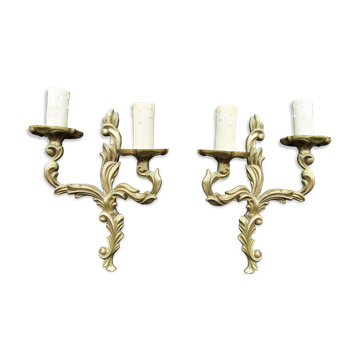 Petite pair of vintage French bronze brass mix 2 arm wall lights sconces revamp rewire