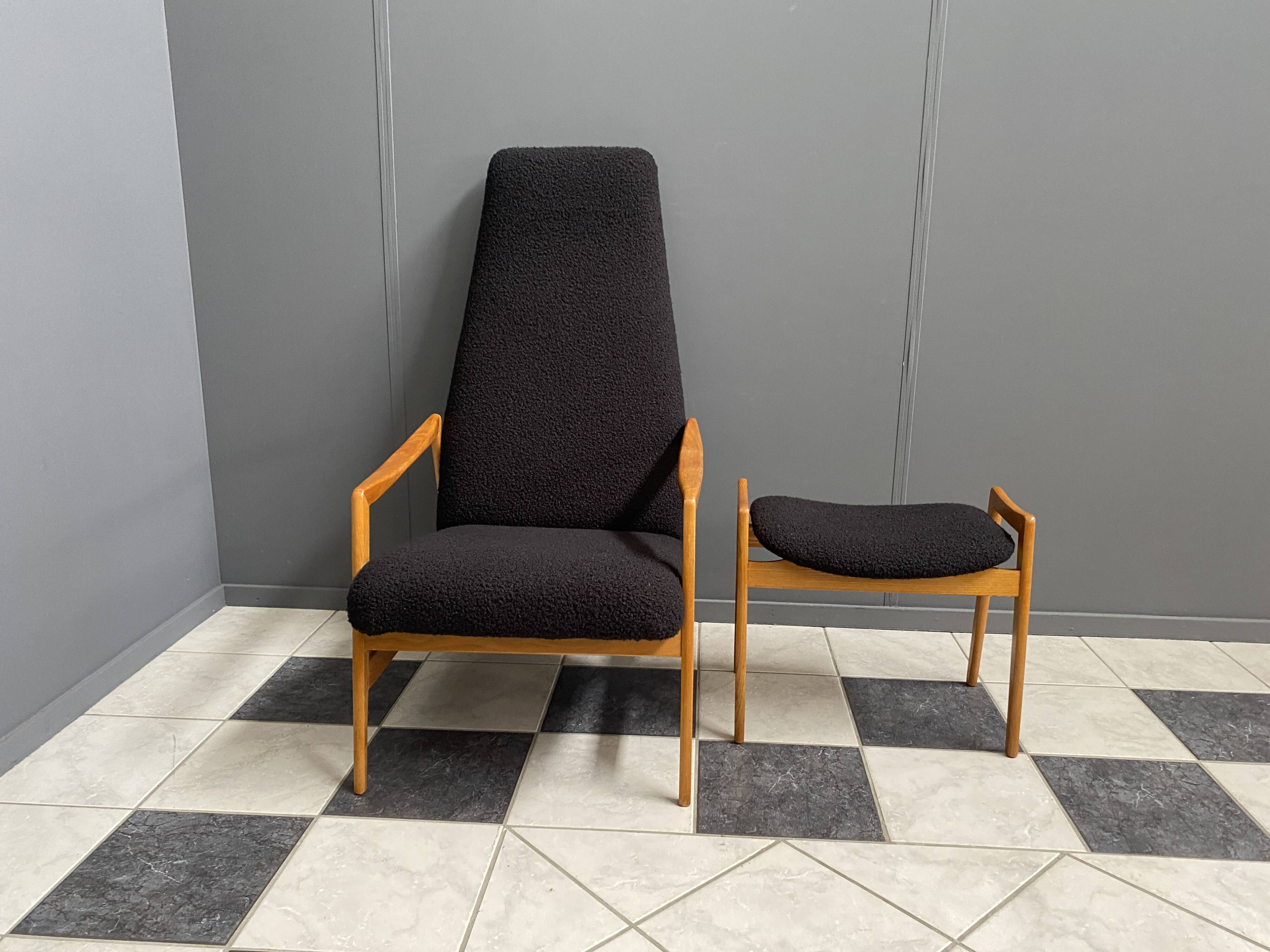 Highback chair with ottoman in black boucle