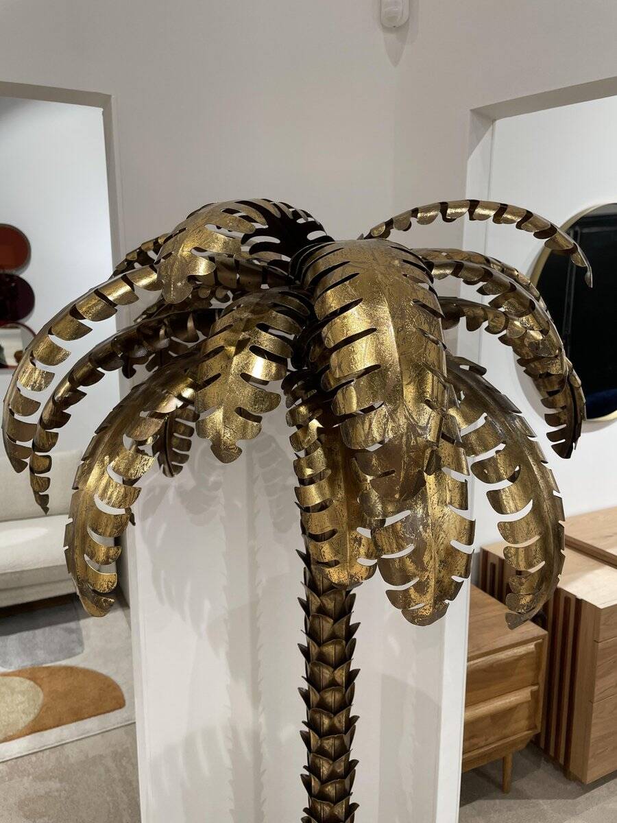Palm Tree Floor Lamp in Gold Metal and Black Lacquered Mirror