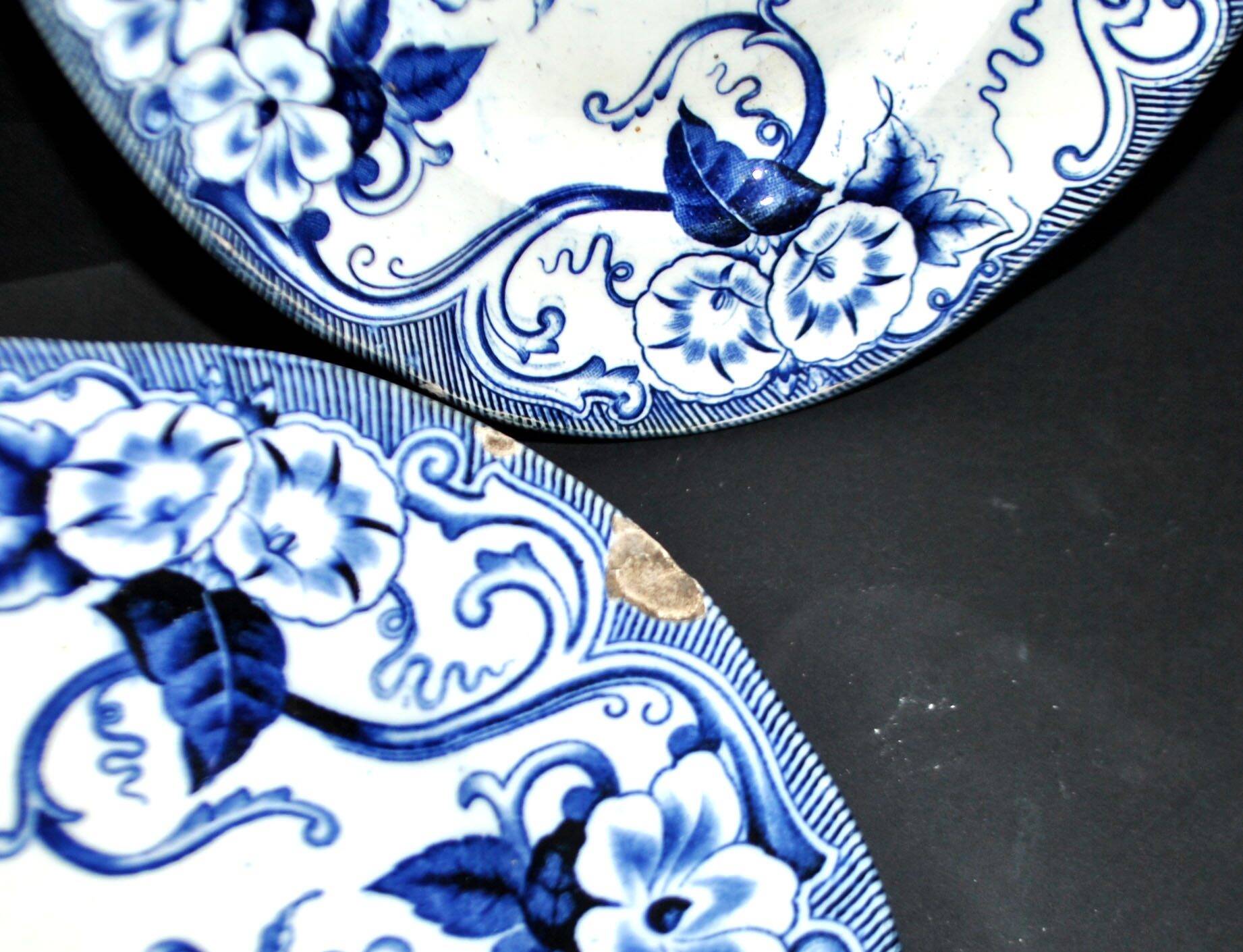 Creil Montereau oval dish and mounted plate Flora blue bindweed 1850 LM&Cie