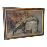 Ancien tableau nature morte faisan peinture sur toile signée