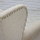 1960s, Danish wingback armchair, furniture velour, carved oak wood.