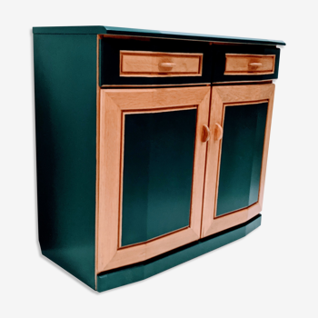 Buffet vintage en bois & vert 2 tiroirs 2 portes