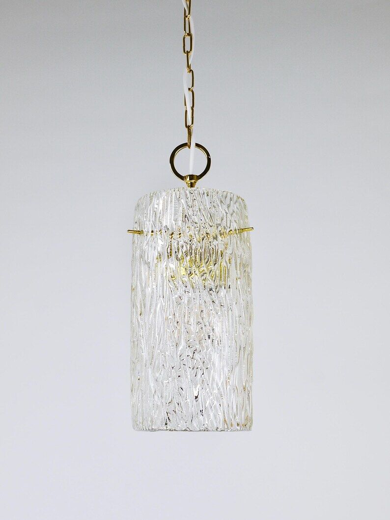 J.T. Kalmar Vienna Midcentury Textured Ice Glass Tube Brass Pendant Lamp, Austria, 1950s
