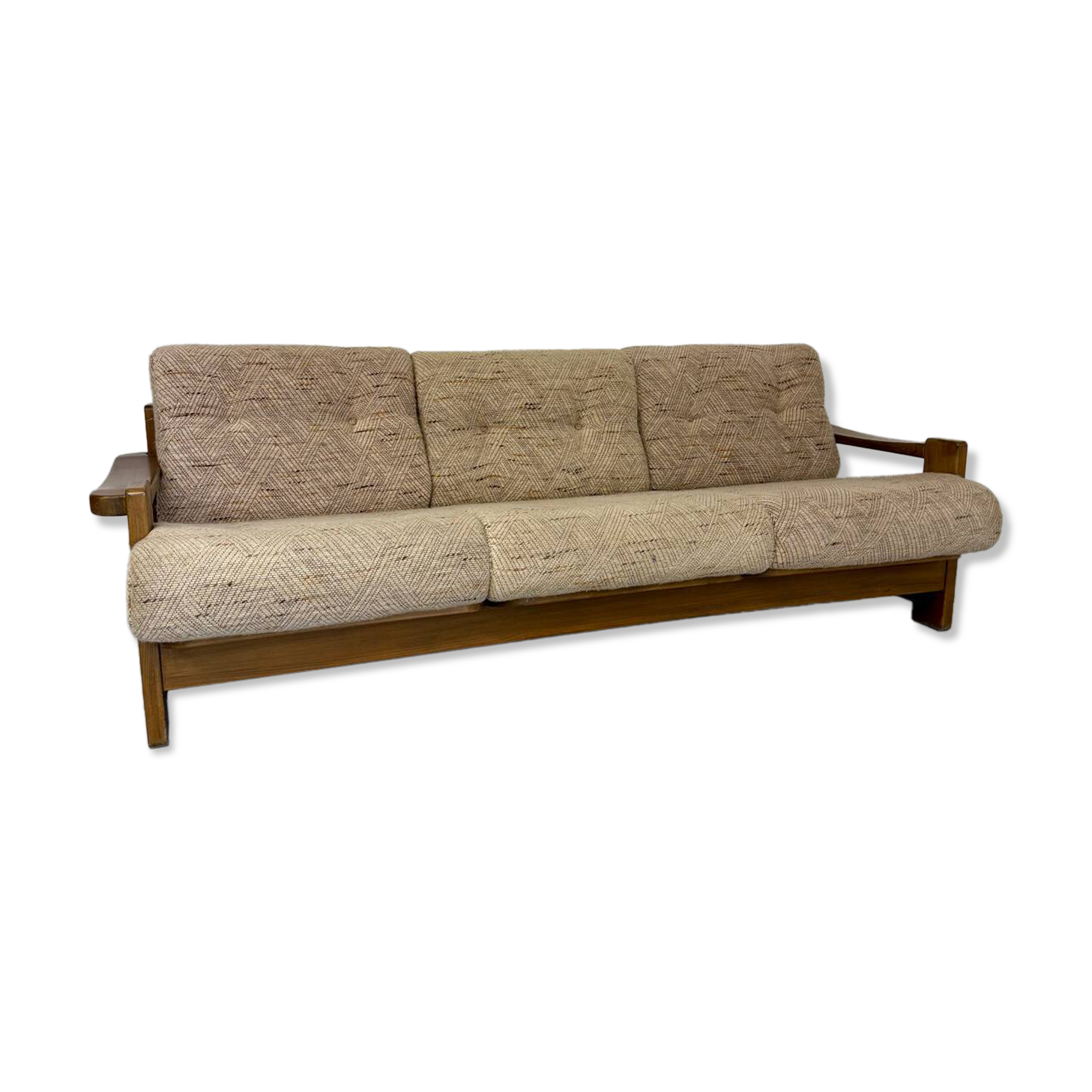 Old 3-seater sofa in solid wood, Maison Regain design, from the 70s.