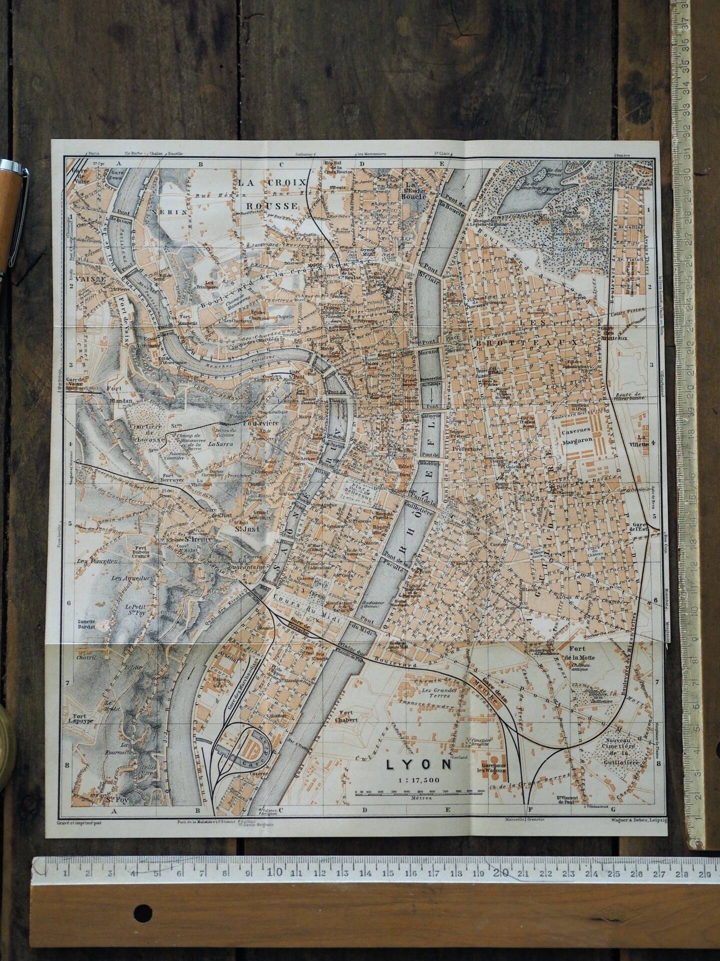 Ancien plan de Lyon - France - 1906 | Décoration murale vintage