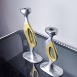 Pair of brutalist candlesticks by Léopold, bronze and aluminum, Spain, 1970