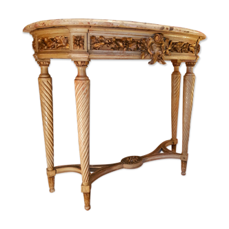 Console half-moon Louis XVI - richly sculpted - marble breche of aleppo - 19th - painted wood