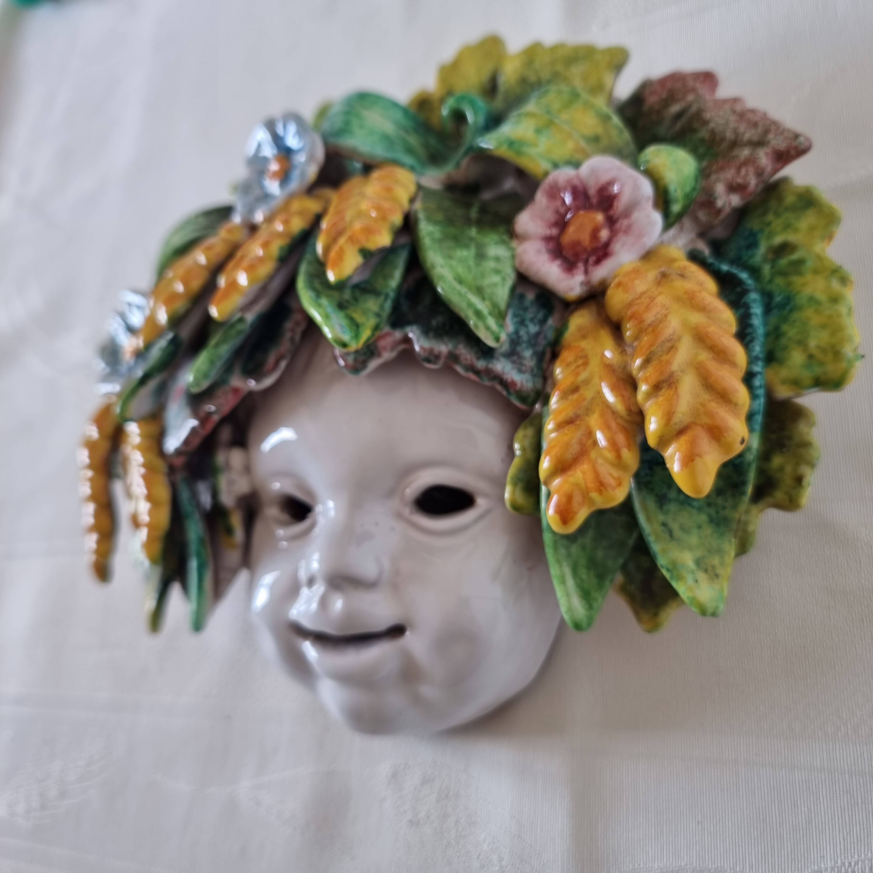 Vintage Italian ceramic wall mask, handmade, decorated with floral details