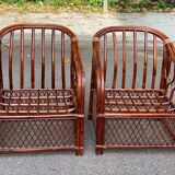 Adult burgundy rattan and wicker armchair with cushion 1970