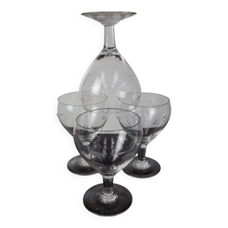 4 verres à vin rouge sur pied gravés vintage