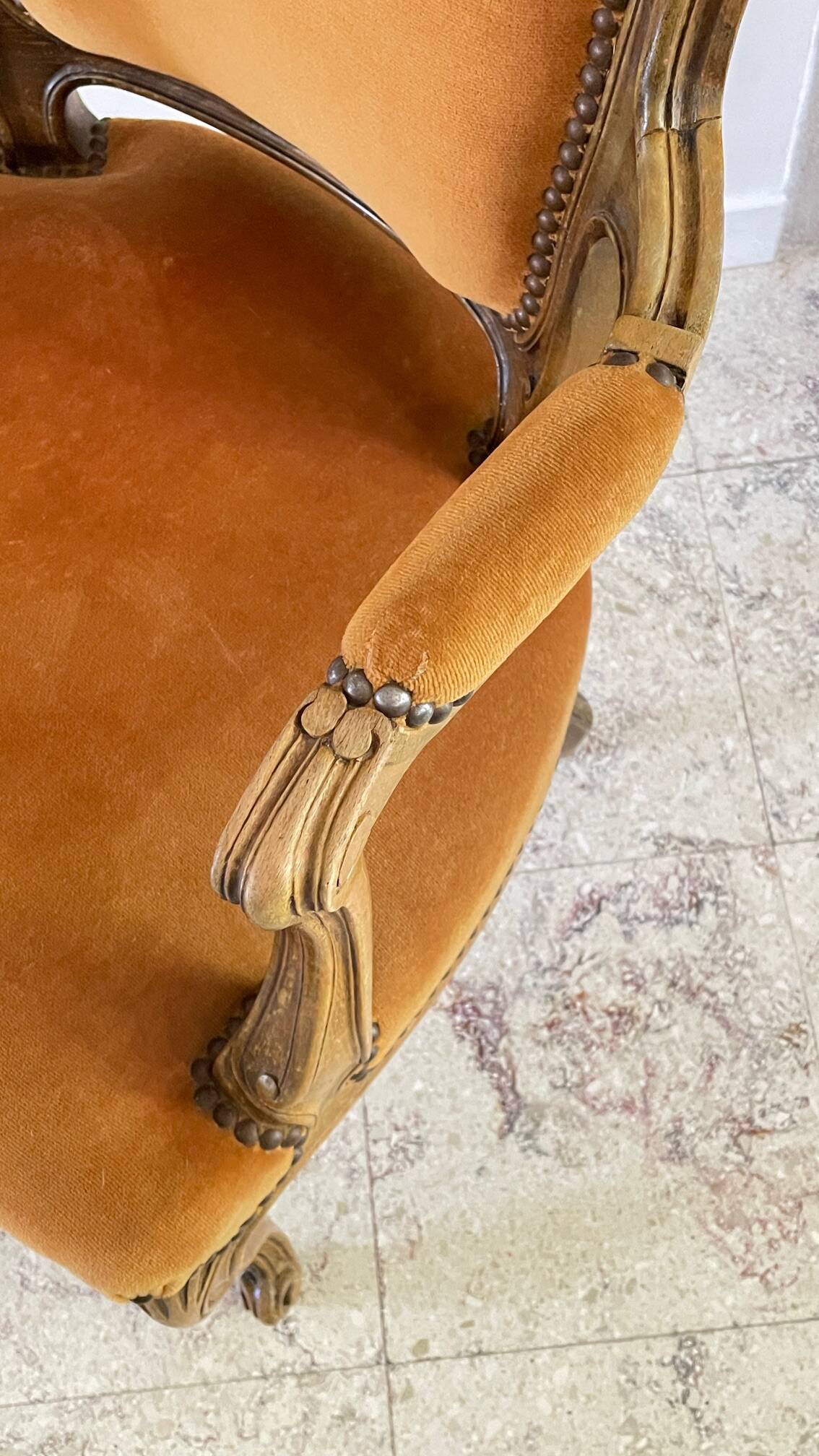 Vintage French Curry Velvet Cabriolet Armchair