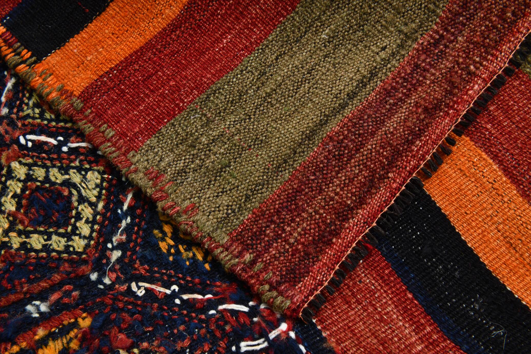 Navy Blue Orange Square Antique Kilim Rug, 128x128Cm