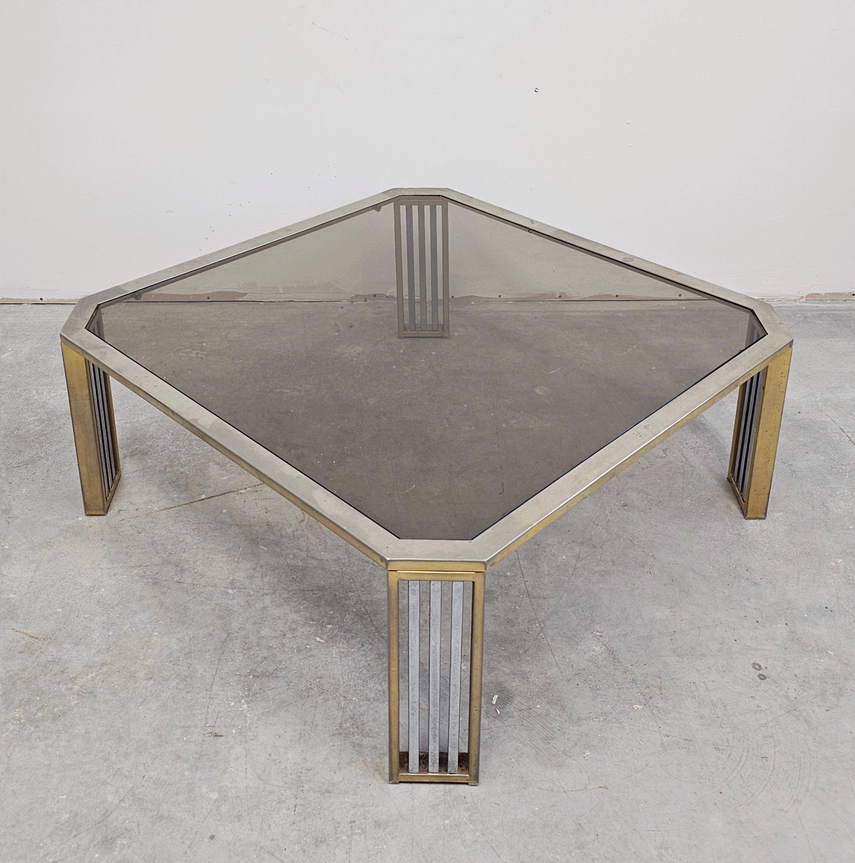 Large modernist coffee table attributed to Romeo Rega in steel and brass plating.