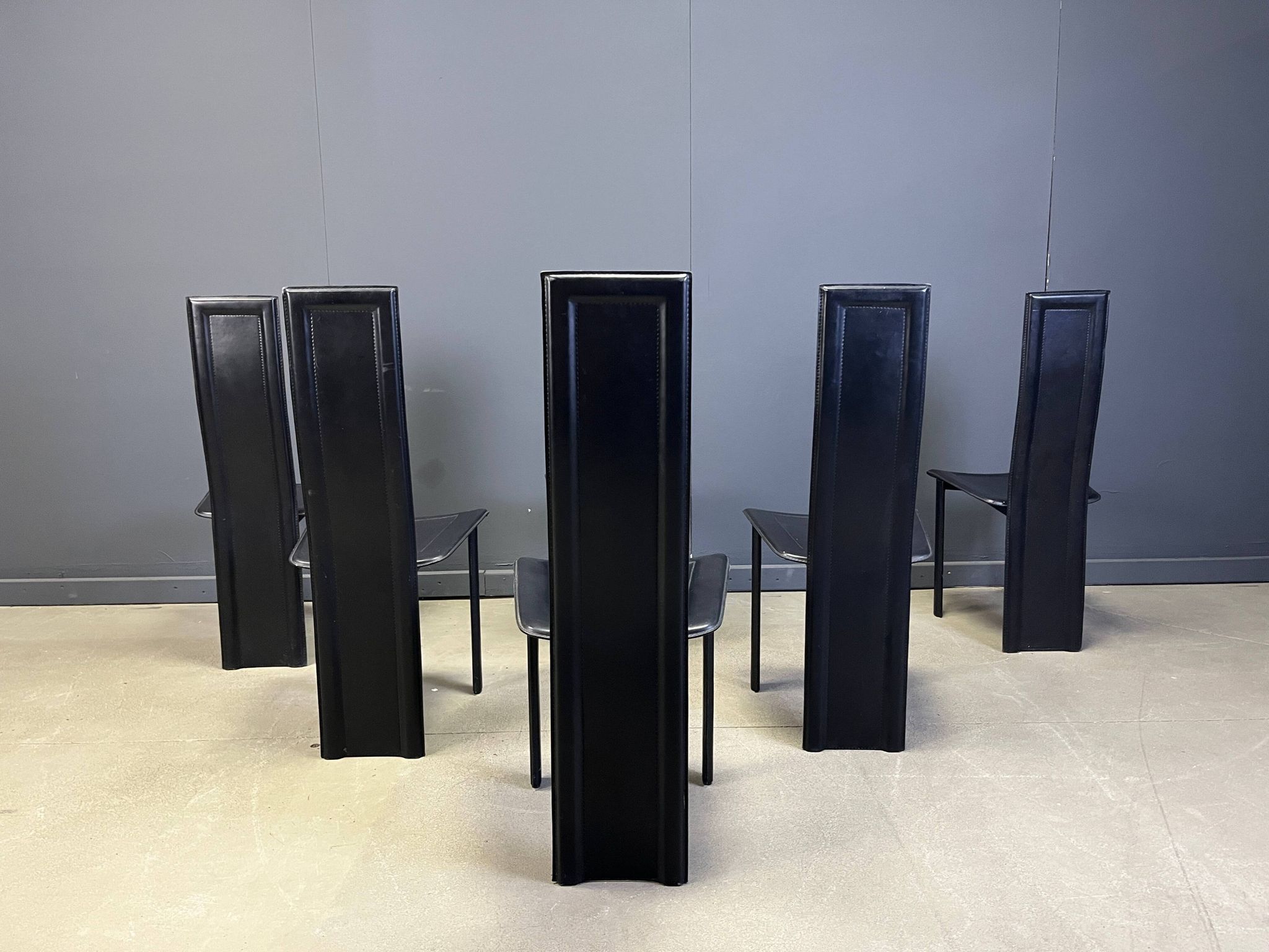 Vintage black leather dining chairs, set of 6, 1980s