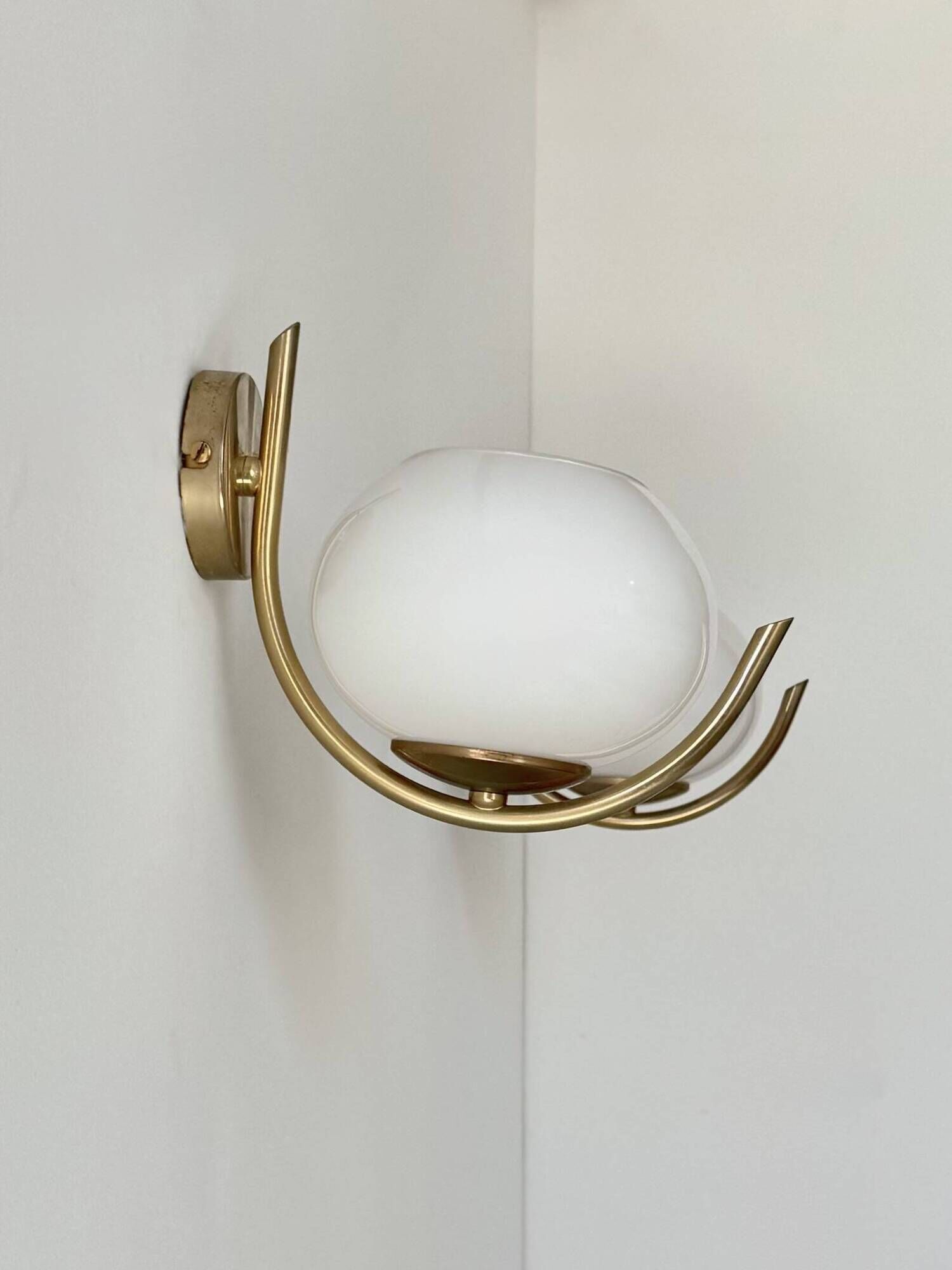 Pair of vintage wall sconces, brass and opaline, France, 1970.