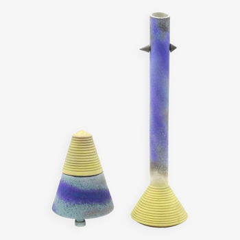 Rare Postmodern memphis age studio ceramic set of Vase & Box by Artist signed Bianchi Italy 1980