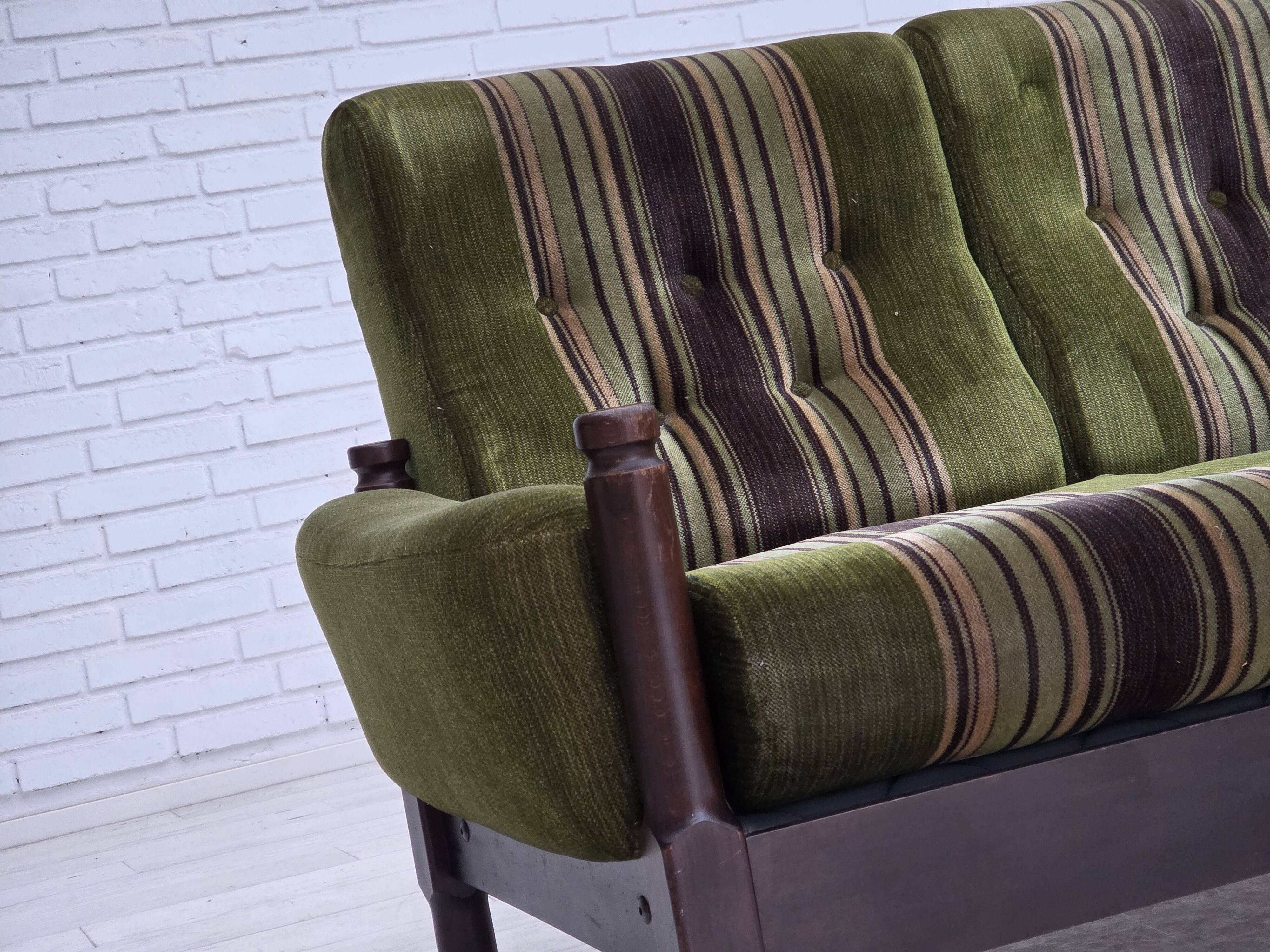 1970s, Scandinavian 2-seater sofa, green furniture velour, beech wood.