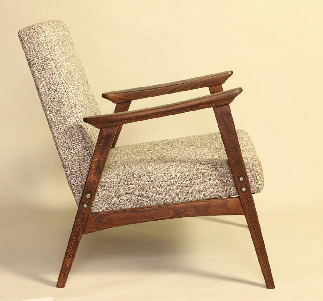 Fauteuil scandinave en bois rénové tissus granola beige 1970