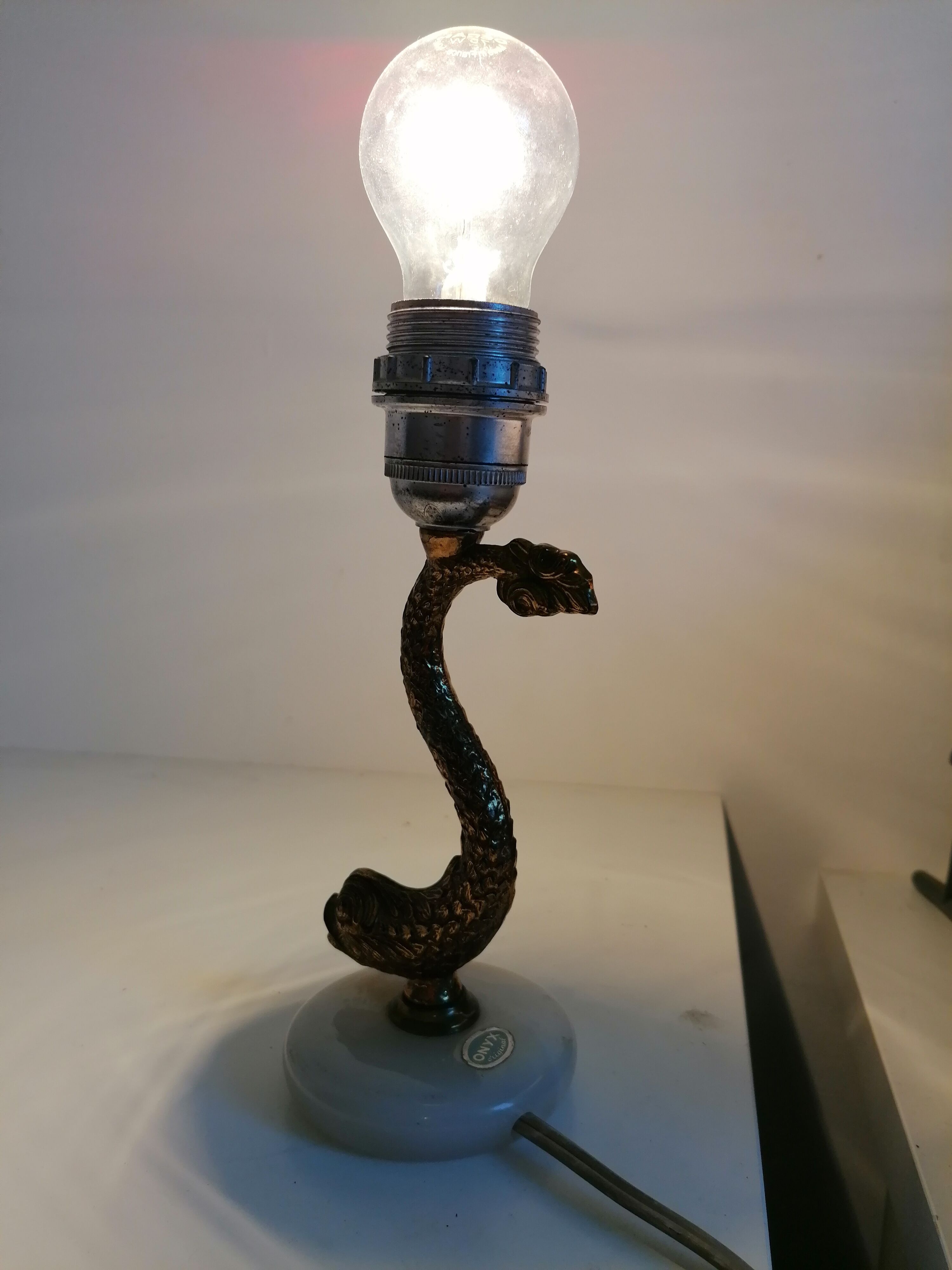 Onyx fish lamp foot and golden metal