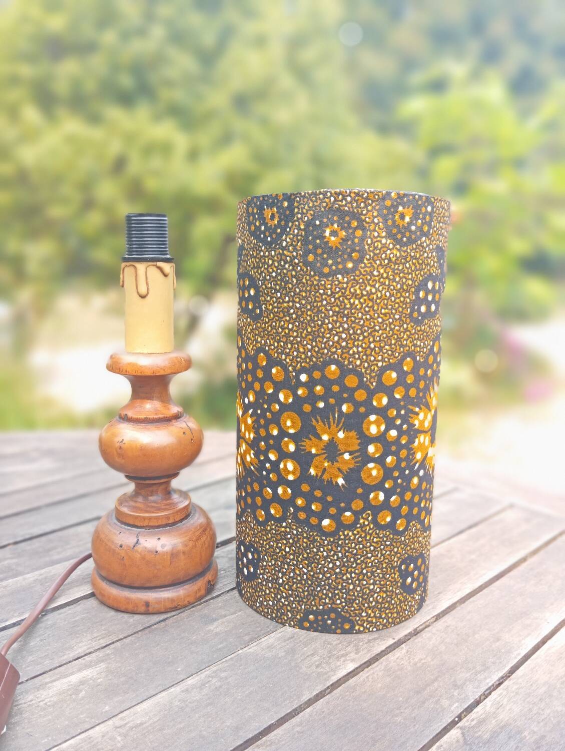 Vintage turned wood table lamp, ethnic chic wax drum lampshade