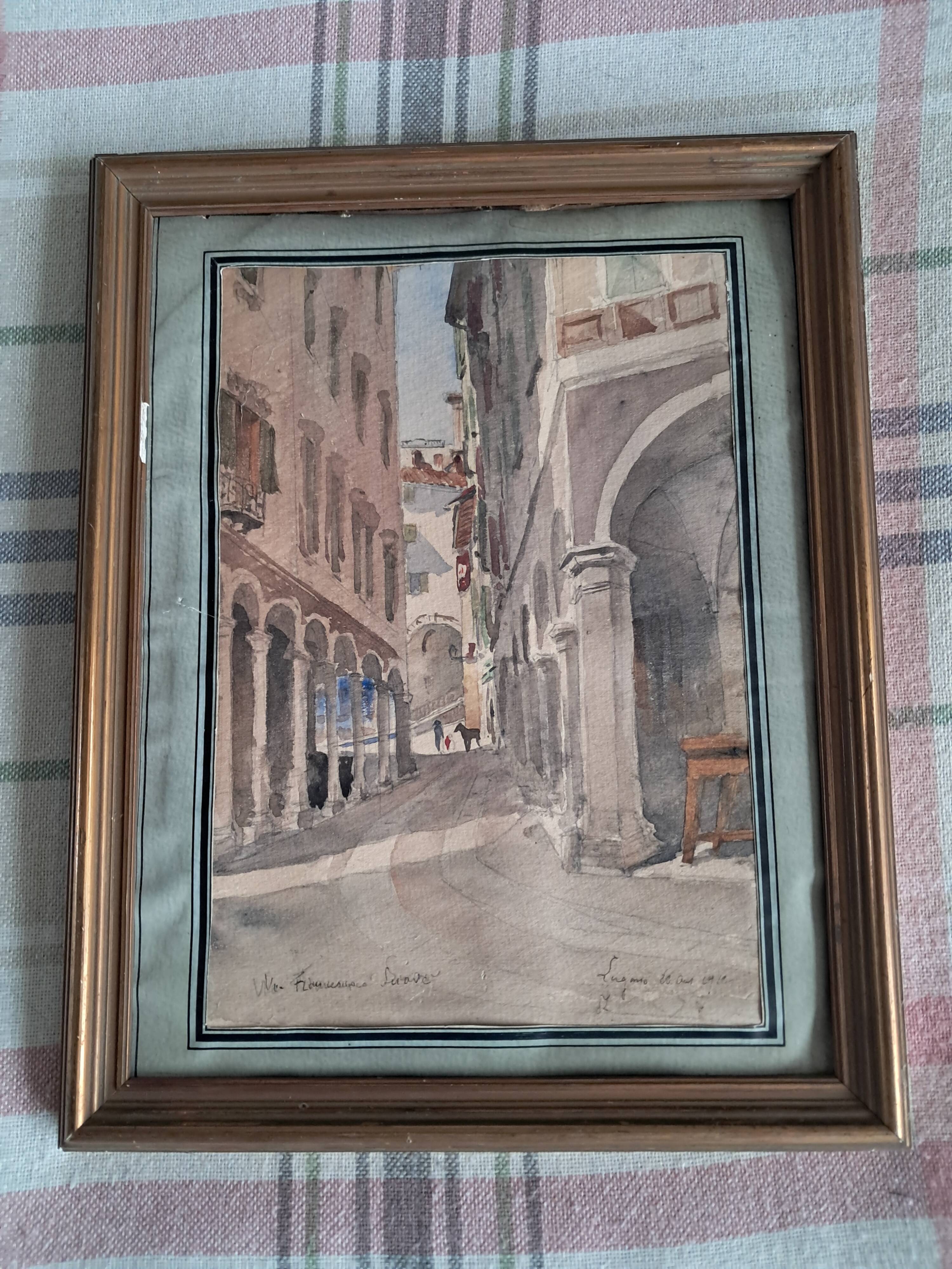 Ancient painting depicting a street in Lugano, Switzerland.