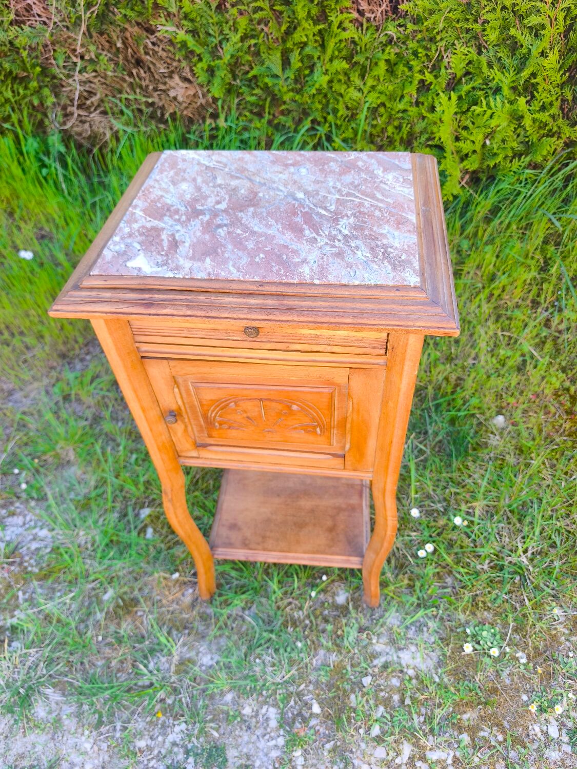 Louis XV style bedside table in wood veneer and marble